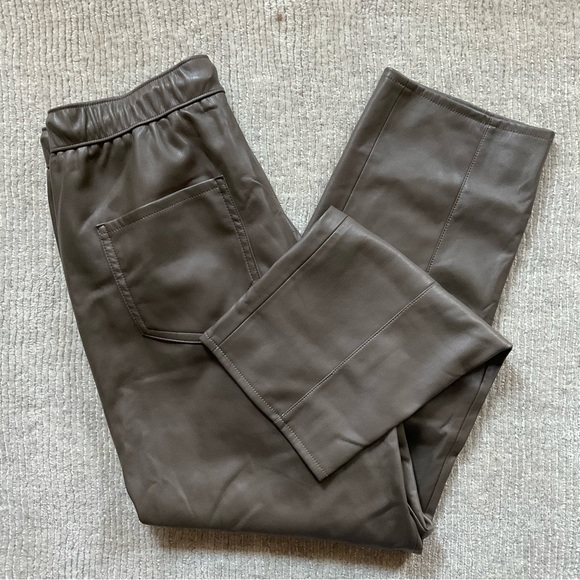 ZARA Olive Green Faux Leather Pants Fleece Lined Drawstring Classy Khaki S Small - Picture 3 of 6